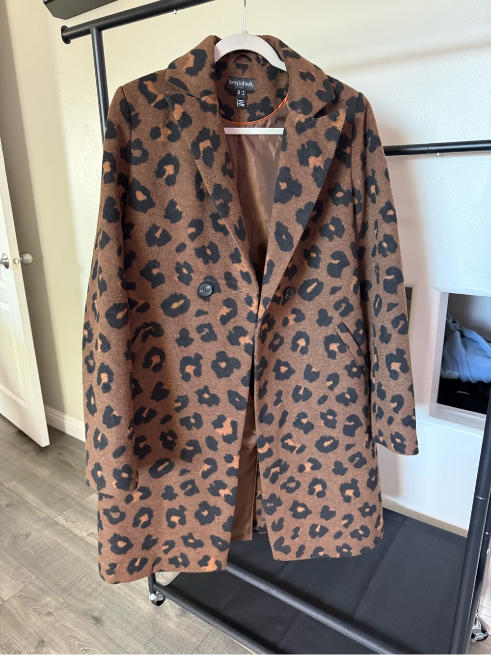 long tall sally Leopard Print Wool-Blend Pea Coat in Brown and Black